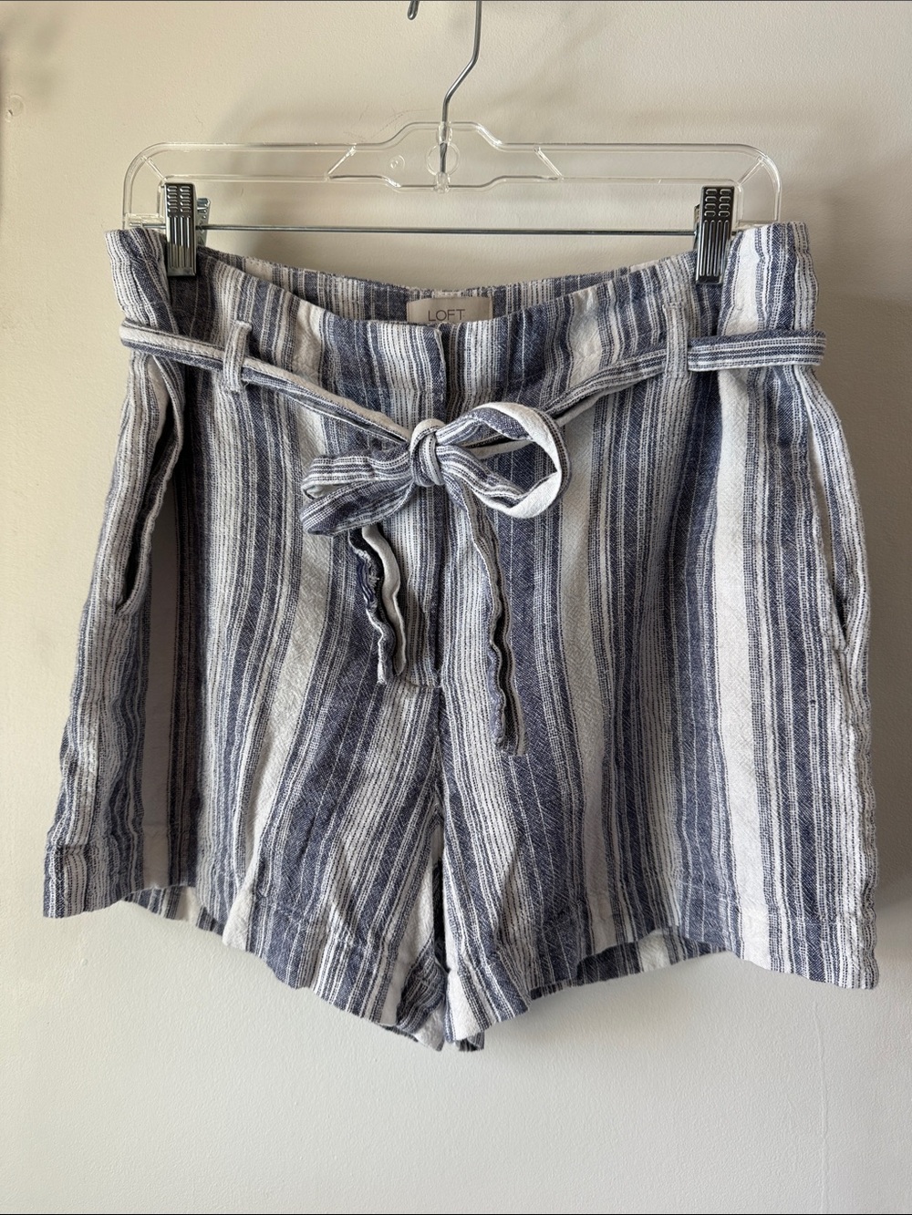 LOFT Navy and White Striped Tie-Waist Linen-Blend Shorts